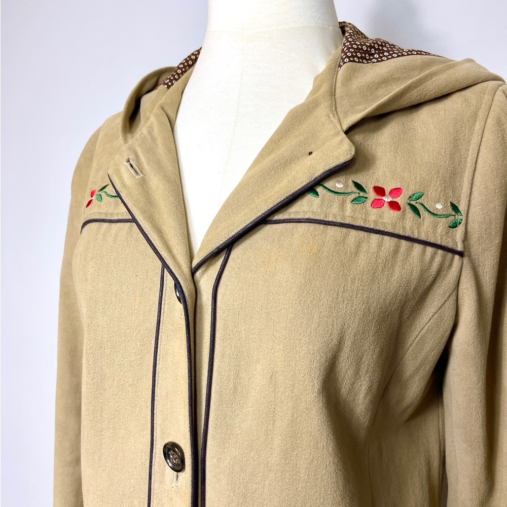 Vintage 1990s Floral Embroidered Camel Colored Coat with Hoodie Size Small - Picture 8 of 12